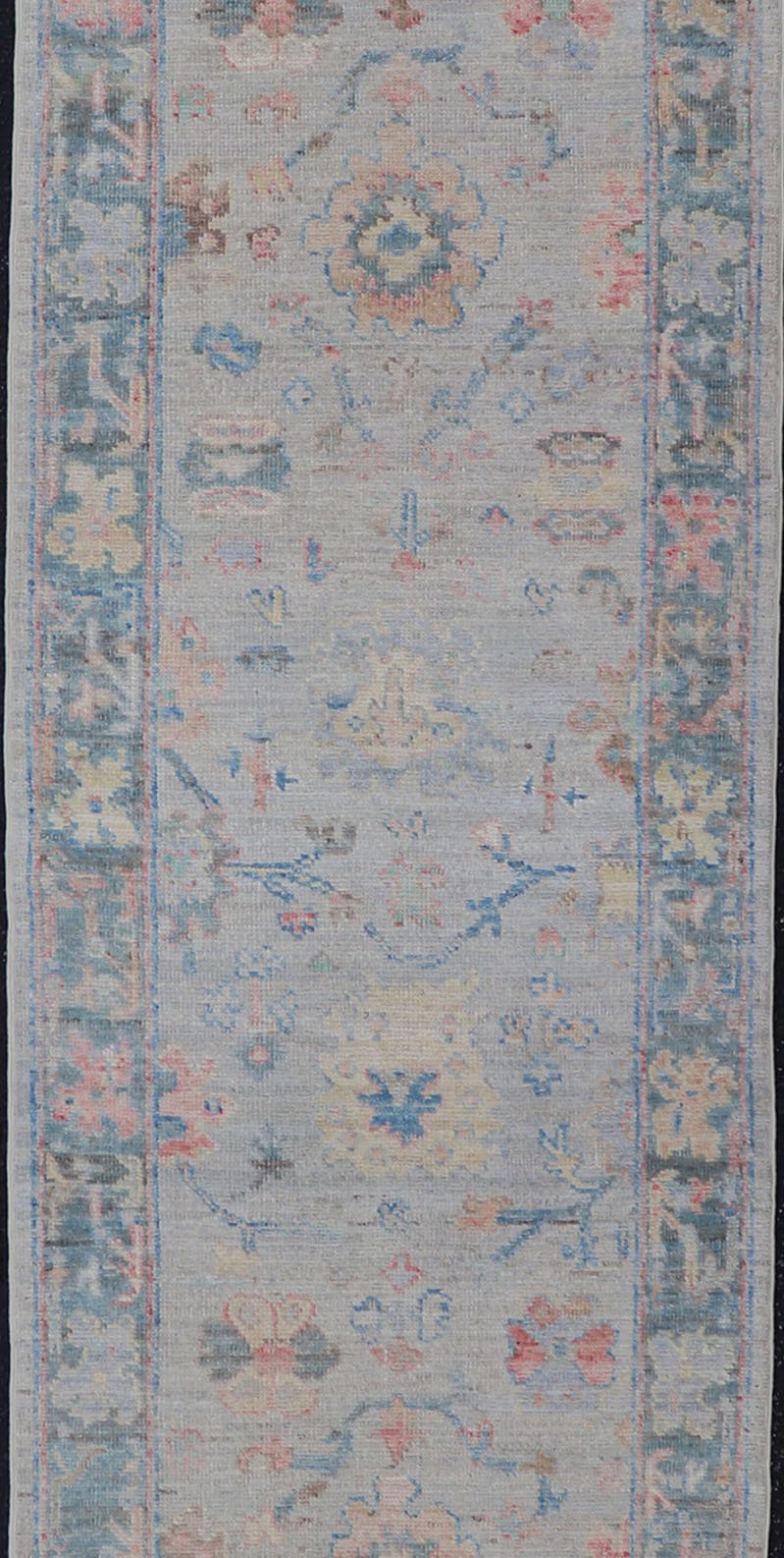 Measures: 2'5 x 9'10 Hand - Knotted Modern Oushak Runner on Light Gray Field and Colorful Motifs. Keivan Woven Arts; rug AWR - 12648 Country of Origin: Afghanistan Type: Oushak Design: Floral, All - Over, Arabesque 21st Century This Oushak runner... - Keivan Woven ArtsAWR - 12648 - 23348Rug