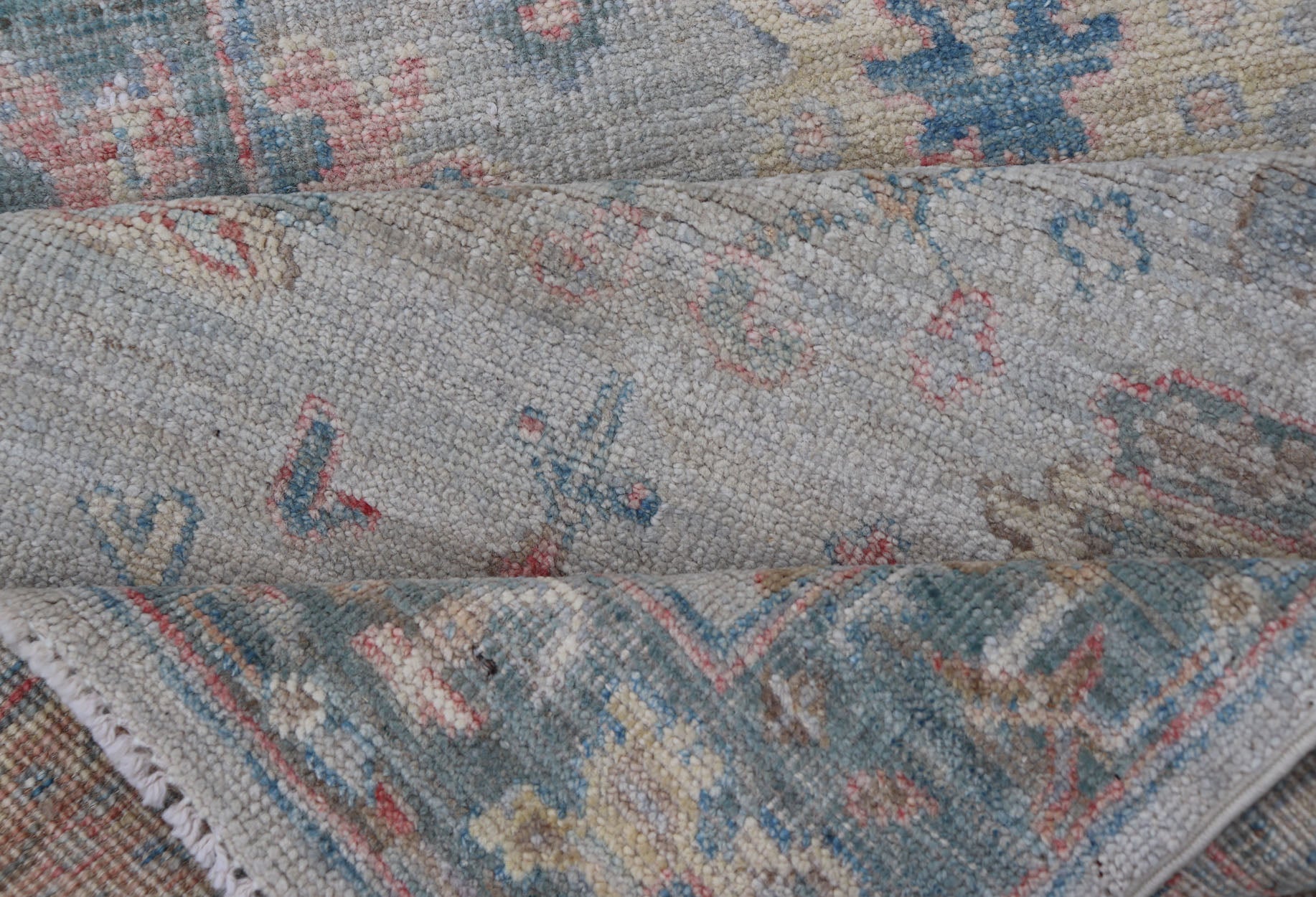 Measures: 2'5 x 9'10 Hand - Knotted Modern Oushak Runner on Light Gray Field and Colorful Motifs. Keivan Woven Arts; rug AWR - 12648 Country of Origin: Afghanistan Type: Oushak Design: Floral, All - Over, Arabesque 21st Century This Oushak runner... - Keivan Woven ArtsAWR - 12648 - 23348Rug