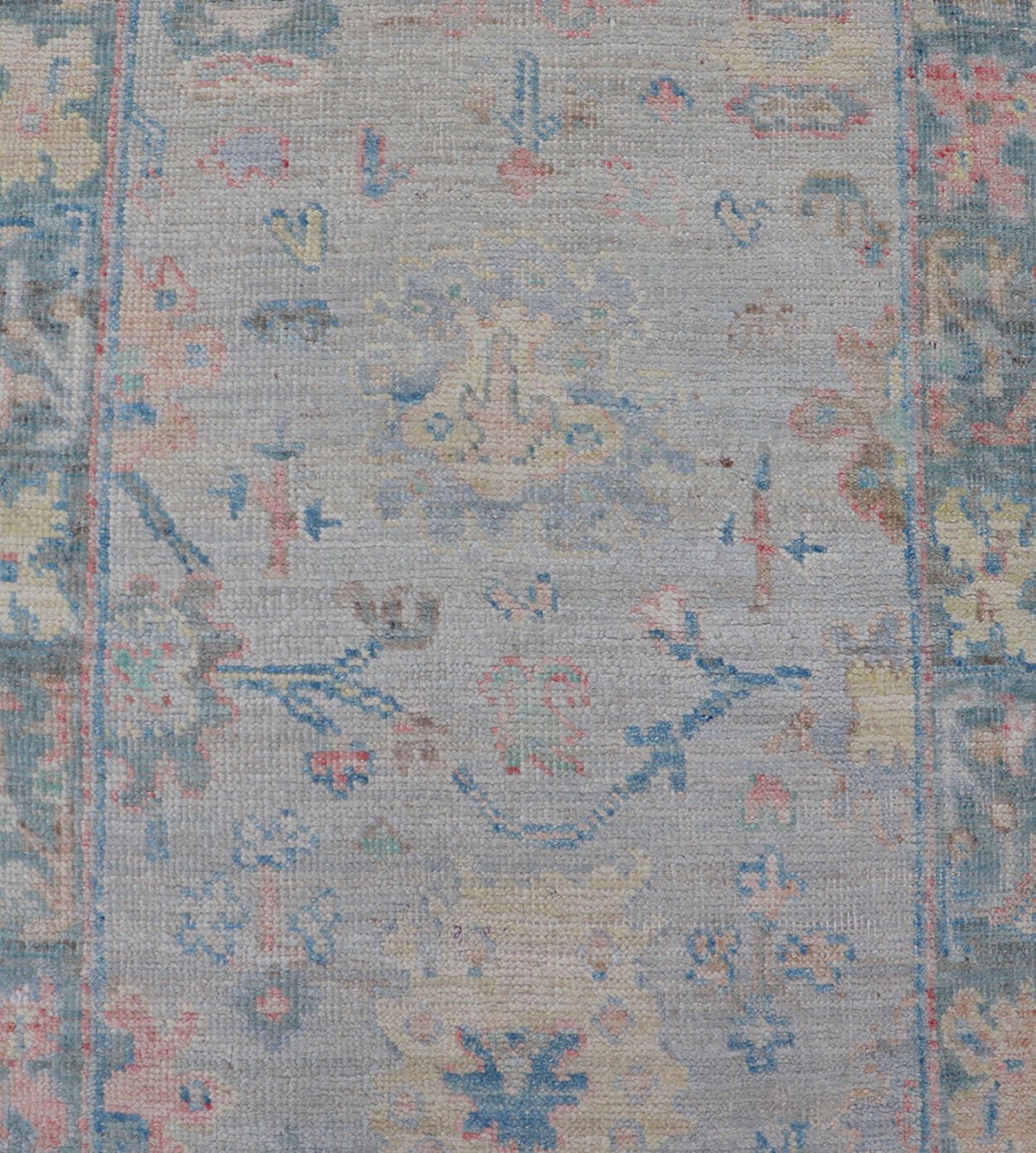 Measures: 2'5 x 9'10 Hand - Knotted Modern Oushak Runner on Light Gray Field and Colorful Motifs. Keivan Woven Arts; rug AWR - 12648 Country of Origin: Afghanistan Type: Oushak Design: Floral, All - Over, Arabesque 21st Century This Oushak runner... - Keivan Woven ArtsAWR - 12648 - 23348Rug