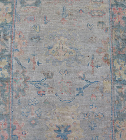 Measures: 2'5 x 9'10 Hand - Knotted Modern Oushak Runner on Light Gray Field and Colorful Motifs. Keivan Woven Arts; rug AWR - 12648 Country of Origin: Afghanistan Type: Oushak Design: Floral, All - Over, Arabesque 21st Century This Oushak runner... - Keivan Woven ArtsAWR - 12648 - 23348Rug