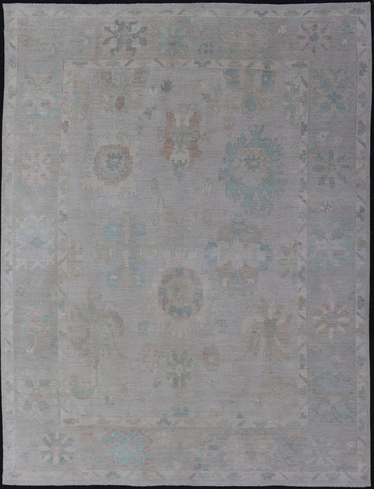 Measures: 10'2 x 13'8 Modern All - Over Floral Oushak with Light Gray Background and Muted Colors. Keivan Woven Arts rug AWR - 12800 Country of Origin: Afghanistan Type: Oushak Design: Floral, All - Over, Abstract Floral. This Oushak was hand - knot... - Keivan Woven ArtsAWR - 12800 - 23420Rug