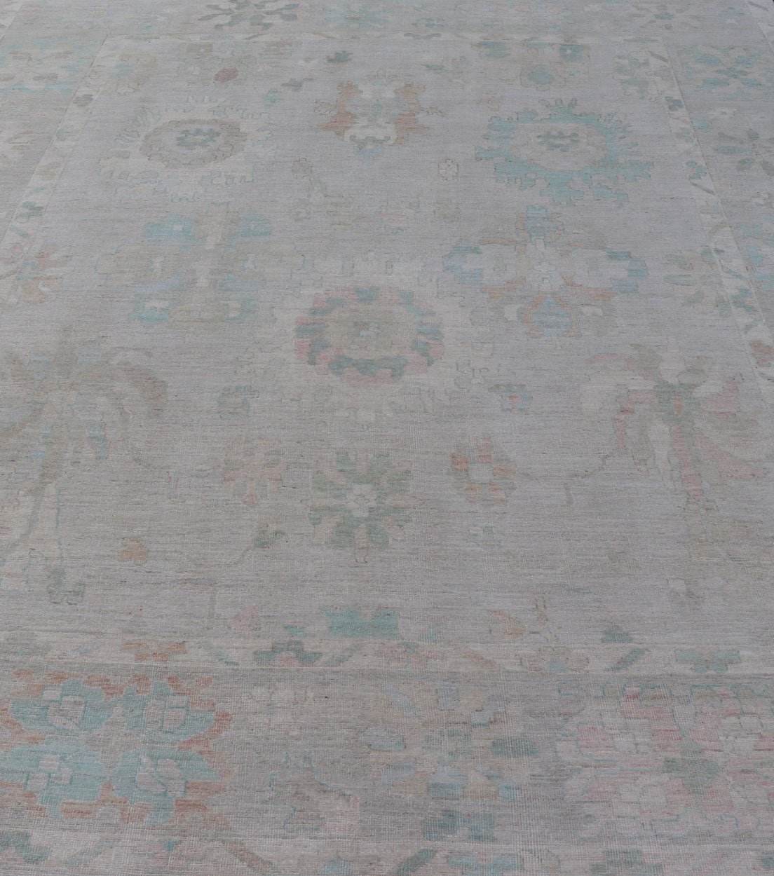 Measures: 10'2 x 13'8 Modern All - Over Floral Oushak with Light Gray Background and Muted Colors. Keivan Woven Arts rug AWR - 12800 Country of Origin: Afghanistan Type: Oushak Design: Floral, All - Over, Abstract Floral. This Oushak was hand - knot... - Keivan Woven ArtsAWR - 12800 - 23420Rug