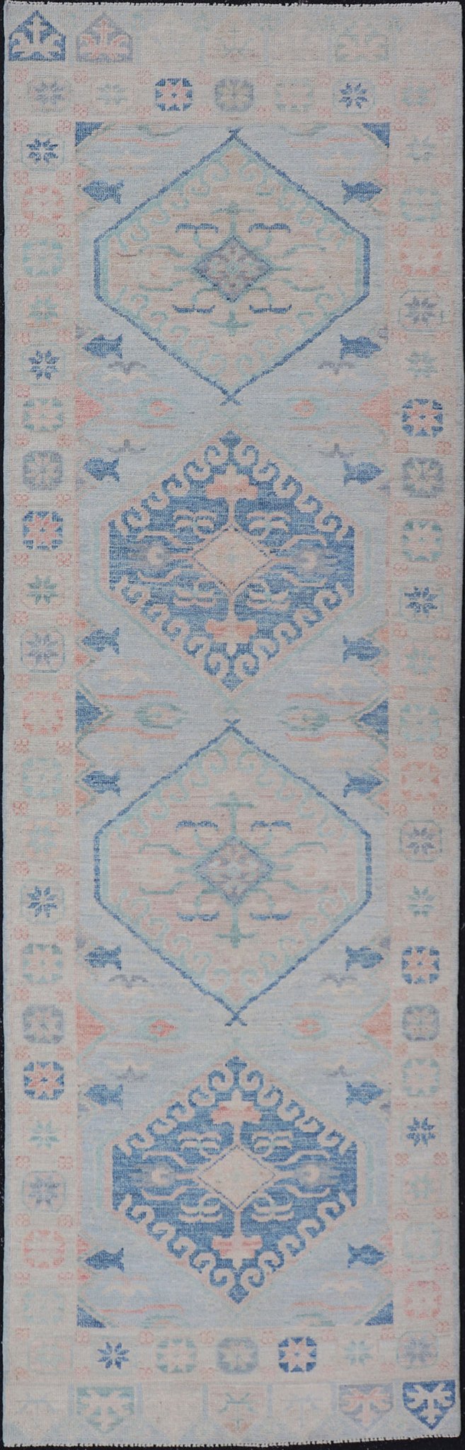 Measures: 2'10 x 9'10 Modern Oushak Medallion Design Runner With Light Blue Color With Muted Colors. Keivan Woven Arts; rug AWR - 12848 / Country of Origin: Afghanistan Type: Oushak Circa 2010 Key Words: Medallion Oushak Runner. This runner p... - Keivan Woven ArtsAWR - 12848 - 23354Rug