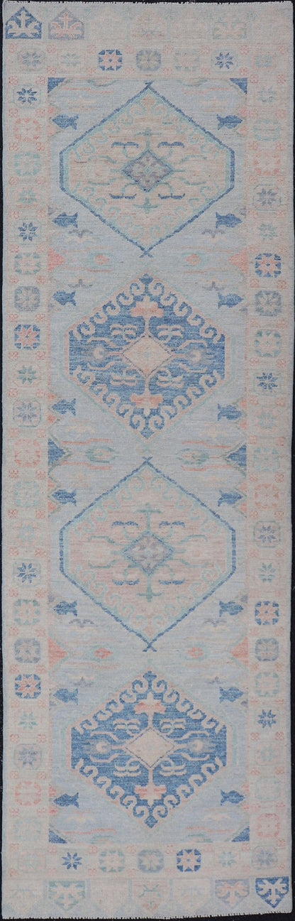 Measures: 2'10 x 9'10 Modern Oushak Medallion Design Runner With Light Blue Color With Muted Colors. Keivan Woven Arts; rug AWR - 12848 / Country of Origin: Afghanistan Type: Oushak Circa 2010 Key Words: Medallion Oushak Runner. This runner p... - Keivan Woven ArtsAWR - 12848 - 23354Rug
