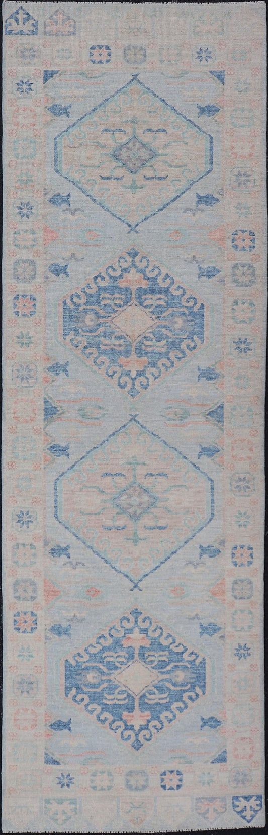 Measures: 2'10 x 9'10 Modern Oushak Medallion Design Runner With Light Blue Color With Muted Colors. Keivan Woven Arts; rug AWR - 12848 / Country of Origin: Afghanistan Type: Oushak Circa 2010 Key Words: Medallion Oushak Runner. This runner p... - Keivan Woven ArtsAWR - 12848 - 23354Rug