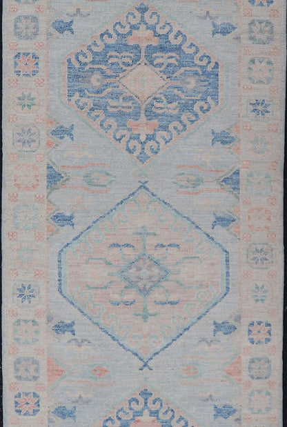 Measures: 2'10 x 9'10 Modern Oushak Medallion Design Runner With Light Blue Color With Muted Colors. Keivan Woven Arts; rug AWR - 12848 / Country of Origin: Afghanistan Type: Oushak Circa 2010 Key Words: Medallion Oushak Runner. This runner p... - Keivan Woven ArtsAWR - 12848 - 23354Rug