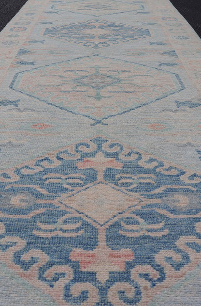 Measures: 2'10 x 9'10 Modern Oushak Medallion Design Runner With Light Blue Color With Muted Colors. Keivan Woven Arts; rug AWR - 12848 / Country of Origin: Afghanistan Type: Oushak Circa 2010 Key Words: Medallion Oushak Runner. This runner p... - Keivan Woven ArtsAWR - 12848 - 23354Rug