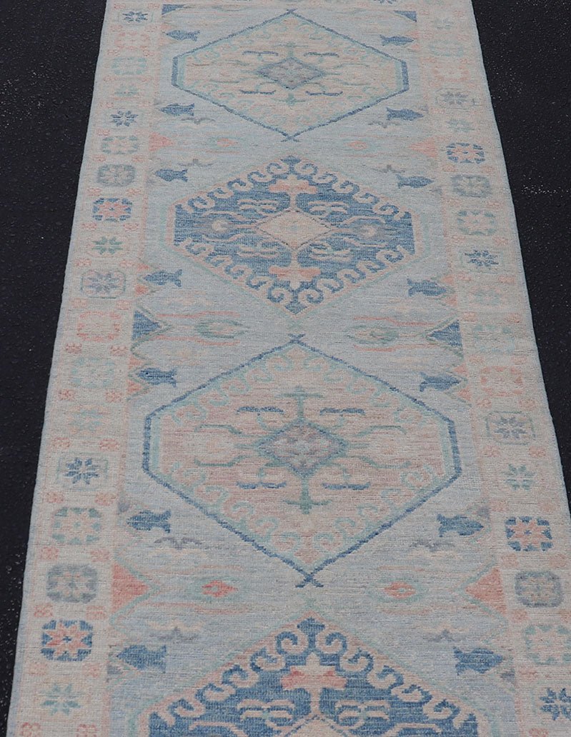 Measures: 2'10 x 9'10 Modern Oushak Medallion Design Runner With Light Blue Color With Muted Colors. Keivan Woven Arts; rug AWR - 12848 / Country of Origin: Afghanistan Type: Oushak Circa 2010 Key Words: Medallion Oushak Runner. This runner p... - Keivan Woven ArtsAWR - 12848 - 23354Rug