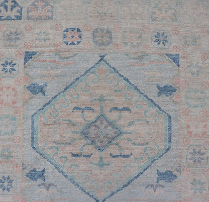Measures: 2'10 x 9'10 Modern Oushak Medallion Design Runner With Light Blue Color With Muted Colors. Keivan Woven Arts; rug AWR - 12848 / Country of Origin: Afghanistan Type: Oushak Circa 2010 Key Words: Medallion Oushak Runner. This runner p... - Keivan Woven ArtsAWR - 12848 - 23354Rug