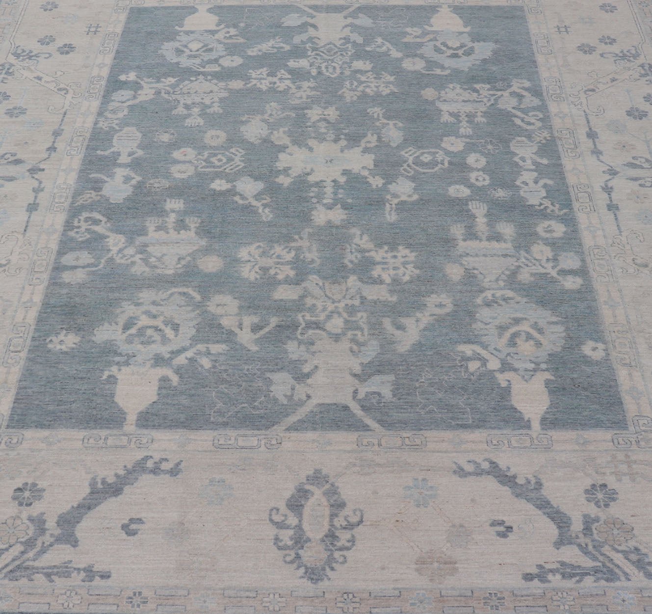 Measures: 11'10 x 14'8 Modern Sub - Geometric large Oushak Rug with Muted Tones of Blue, Gray, and Cream. Keivan Woven Arts rug AWR - 12866 Country of Origin: Afghanistan Type: Oushak Design: Geometric, Mosaic Medallion This hand - knotted Oushak fea... - Keivan Woven ArtsAWR - 12866 - 23426Rug