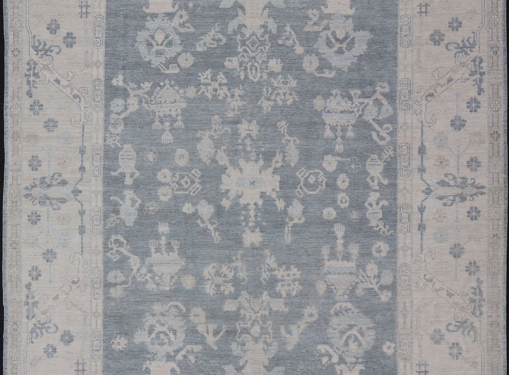 Measures: 11'10 x 14'8 Modern Sub - Geometric large Oushak Rug with Muted Tones of Blue, Gray, and Cream. Keivan Woven Arts rug AWR - 12866 Country of Origin: Afghanistan Type: Oushak Design: Geometric, Mosaic Medallion This hand - knotted Oushak fea... - Keivan Woven ArtsAWR - 12866 - 23426Rug