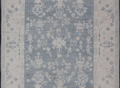 Measures: 11'10 x 14'8 Modern Sub - Geometric large Oushak Rug with Muted Tones of Blue, Gray, and Cream. Keivan Woven Arts rug AWR - 12866 Country of Origin: Afghanistan Type: Oushak Design: Geometric, Mosaic Medallion This hand - knotted Oushak fea... - Keivan Woven ArtsAWR - 12866 - 23426Rug