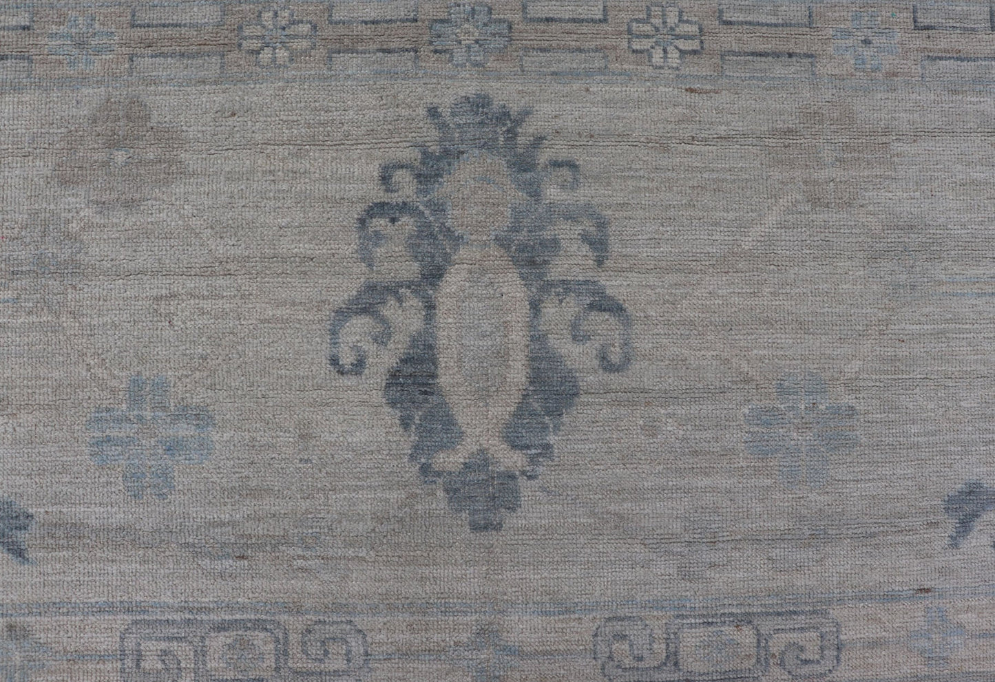 Measures: 11'10 x 14'8 Modern Sub - Geometric large Oushak Rug with Muted Tones of Blue, Gray, and Cream. Keivan Woven Arts rug AWR - 12866 Country of Origin: Afghanistan Type: Oushak Design: Geometric, Mosaic Medallion This hand - knotted Oushak fea... - Keivan Woven ArtsAWR - 12866 - 23426Rug