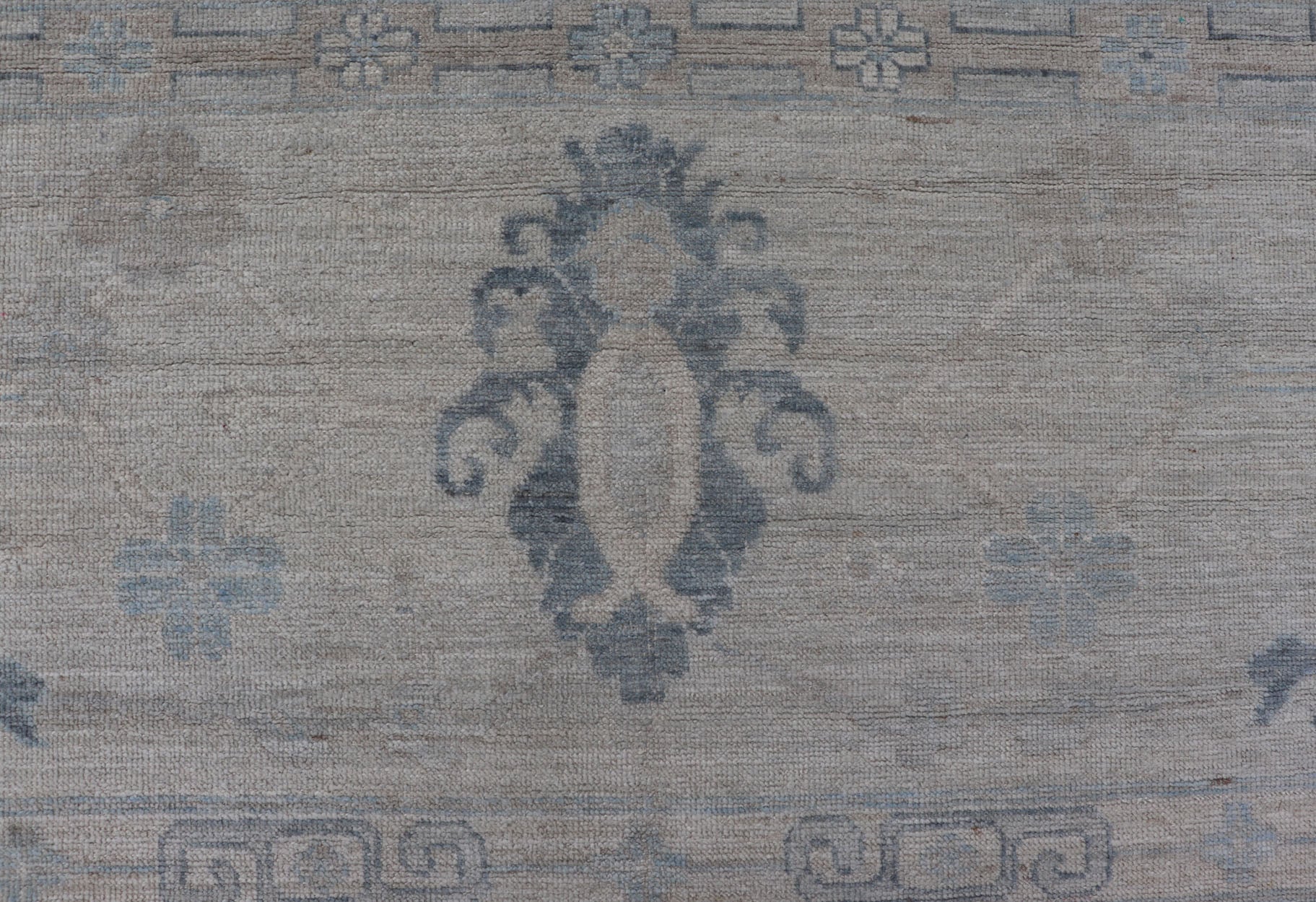 Measures: 11'10 x 14'8 Modern Sub - Geometric large Oushak Rug with Muted Tones of Blue, Gray, and Cream. Keivan Woven Arts rug AWR - 12866 Country of Origin: Afghanistan Type: Oushak Design: Geometric, Mosaic Medallion This hand - knotted Oushak fea... - Keivan Woven ArtsAWR - 12866 - 23426Rug