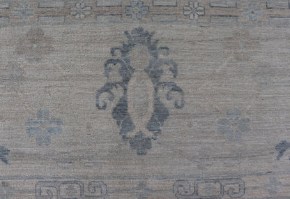 Measures: 11'10 x 14'8 Modern Sub - Geometric large Oushak Rug with Muted Tones of Blue, Gray, and Cream. Keivan Woven Arts rug AWR - 12866 Country of Origin: Afghanistan Type: Oushak Design: Geometric, Mosaic Medallion This hand - knotted Oushak fea... - Keivan Woven ArtsAWR - 12866 - 23426Rug