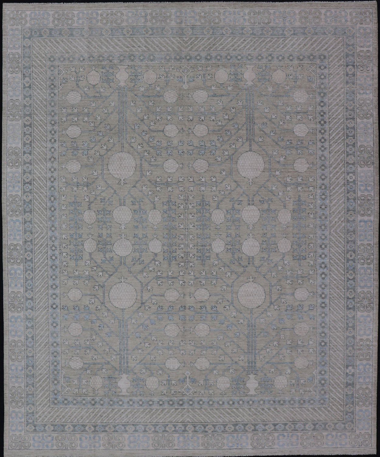 Modern Tribal Khotan Rug in Shades of Cream. Green, Blue, and Gray. Keivan Woven Arts Country of Origin; Afghanistan Type: Khotan Keivan Woven Arts; rug AWR - 15227 , Early 21st century. Measures: 8'2 x 10'4 This modern Khotan featur... - Keivan Woven ArtsAWR - 15227 - 23384
