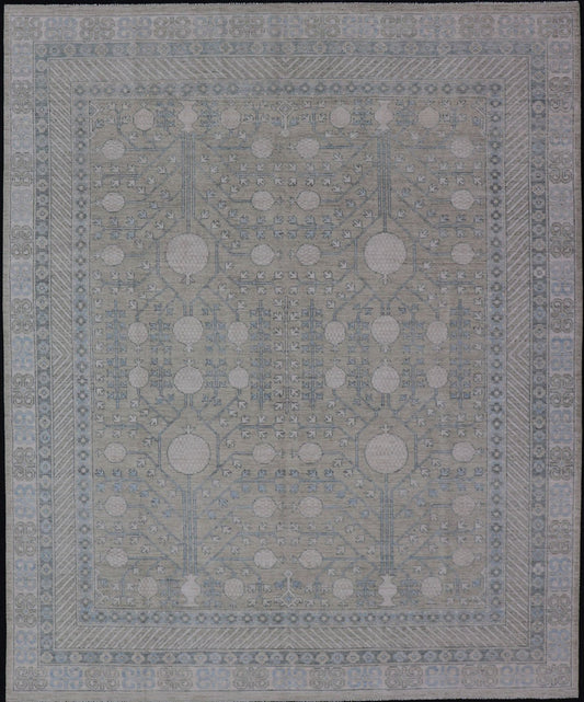 Modern Tribal Khotan Rug in Shades of Cream. Green, Blue, and Gray. Keivan Woven Arts Country of Origin; Afghanistan Type: Khotan Keivan Woven Arts; rug AWR - 15227 , Early 21st century. Measures: 8'2 x 10'4 This modern Khotan featur... - Keivan Woven ArtsAWR - 15227 - 23384