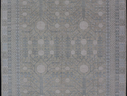 Modern Tribal Khotan Rug in Shades of Cream. Green, Blue, and Gray. Keivan Woven Arts Country of Origin; Afghanistan Type: Khotan Keivan Woven Arts; rug AWR - 15227 , Early 21st century. Measures: 8'2 x 10'4 This modern Khotan featur... - Keivan Woven ArtsAWR - 15227 - 23384