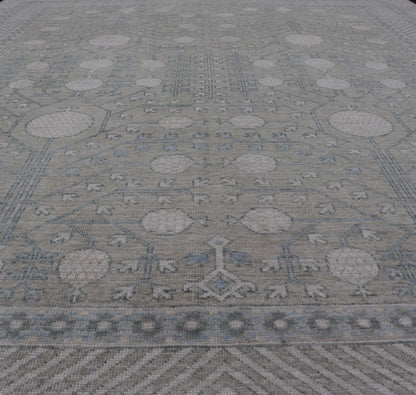 Modern Tribal Khotan Rug in Shades of Cream. Green, Blue, and Gray. Keivan Woven Arts Country of Origin; Afghanistan Type: Khotan Keivan Woven Arts; rug AWR - 15227 , Early 21st century. Measures: 8'2 x 10'4 This modern Khotan featur... - Keivan Woven ArtsAWR - 15227 - 23384