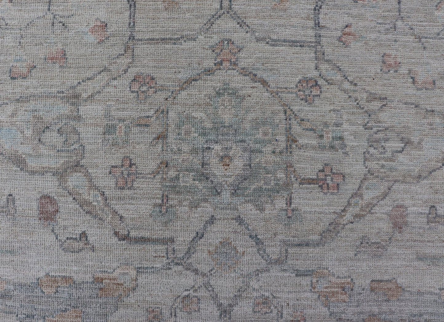 Measures: 13'4 x 20'0 Large Modern Oushak Floral Motif on Light Grey Background and Muted Design. Keivan Woven Arts; rug AWR - 15243 Country of Origin: Afghanistan Type: Oushak Design. The border and field are covered in floral - like motifs filled ... - Keivan Woven ArtsAWR - 15243 - 23438Rug