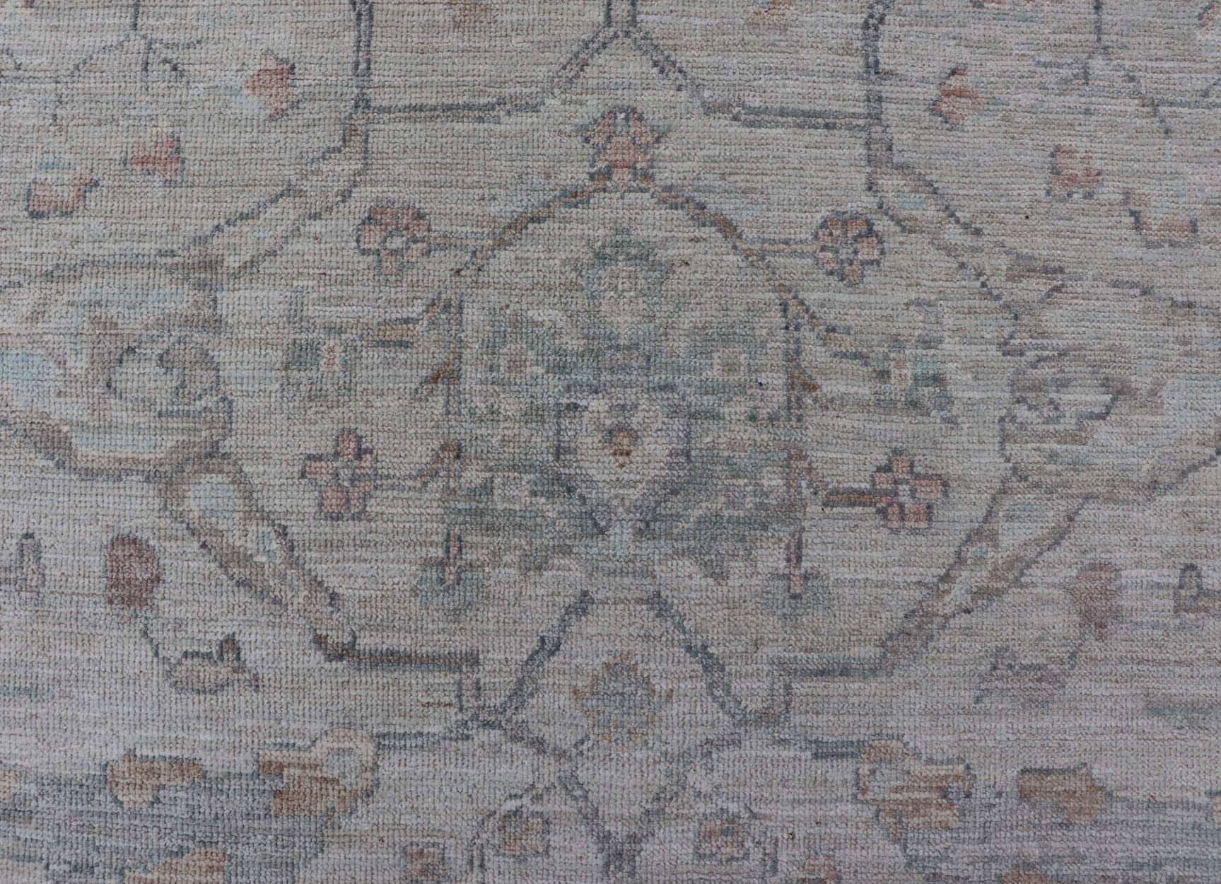Measures: 13'4 x 20'0 Large Modern Oushak Floral Motif on Light Grey Background and Muted Design. Keivan Woven Arts; rug AWR - 15243 Country of Origin: Afghanistan Type: Oushak Design. The border and field are covered in floral - like motifs filled ... - Keivan Woven ArtsAWR - 15243 - 23438Rug