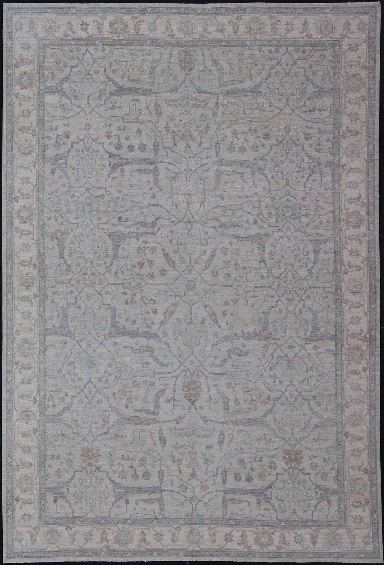 Measures: 13'4 x 20'0 Large Modern Oushak Floral Motif on Light Grey Background and Muted Design. Keivan Woven Arts; rug AWR - 15243 Country of Origin: Afghanistan Type: Oushak Design. The border and field are covered in floral - like motifs filled ... - Keivan Woven ArtsAWR - 15243 - 23438Rug