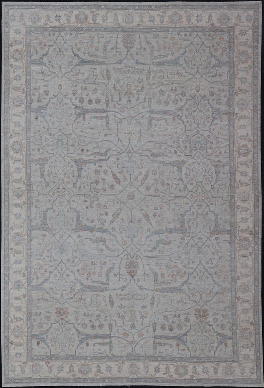 Measures: 13'4 x 20'0 Large Modern Oushak Floral Motif on Light Grey Background and Muted Design. Keivan Woven Arts; rug AWR - 15243 Country of Origin: Afghanistan Type: Oushak Design. The border and field are covered in floral - like motifs filled ... - Keivan Woven ArtsAWR - 15243 - 23438Rug