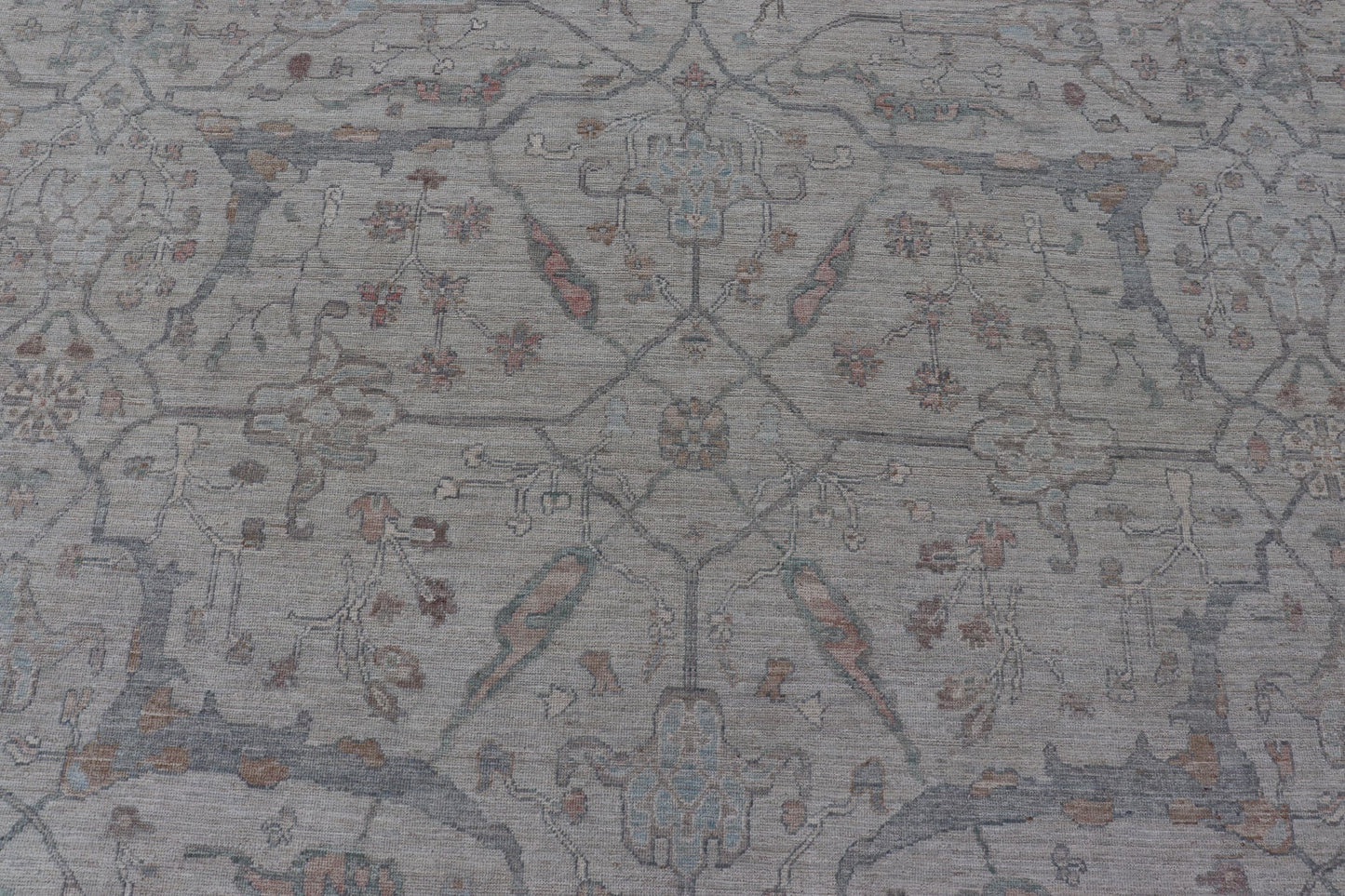 Measures: 13'4 x 20'0 Large Modern Oushak Floral Motif on Light Grey Background and Muted Design. Keivan Woven Arts; rug AWR - 15243 Country of Origin: Afghanistan Type: Oushak Design. The border and field are covered in floral - like motifs filled ... - Keivan Woven ArtsAWR - 15243 - 23438Rug