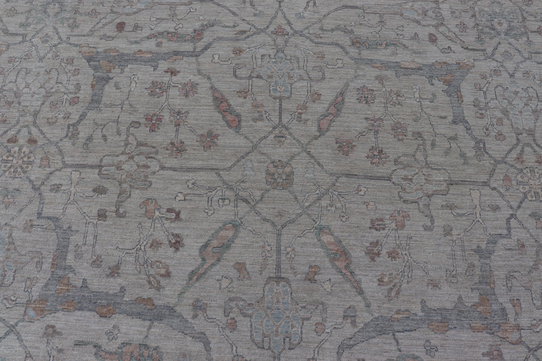 Measures: 13'4 x 20'0 Large Modern Oushak Floral Motif on Light Grey Background and Muted Design. Keivan Woven Arts; rug AWR - 15243 Country of Origin: Afghanistan Type: Oushak Design. The border and field are covered in floral - like motifs filled ... - Keivan Woven ArtsAWR - 15243 - 23438Rug