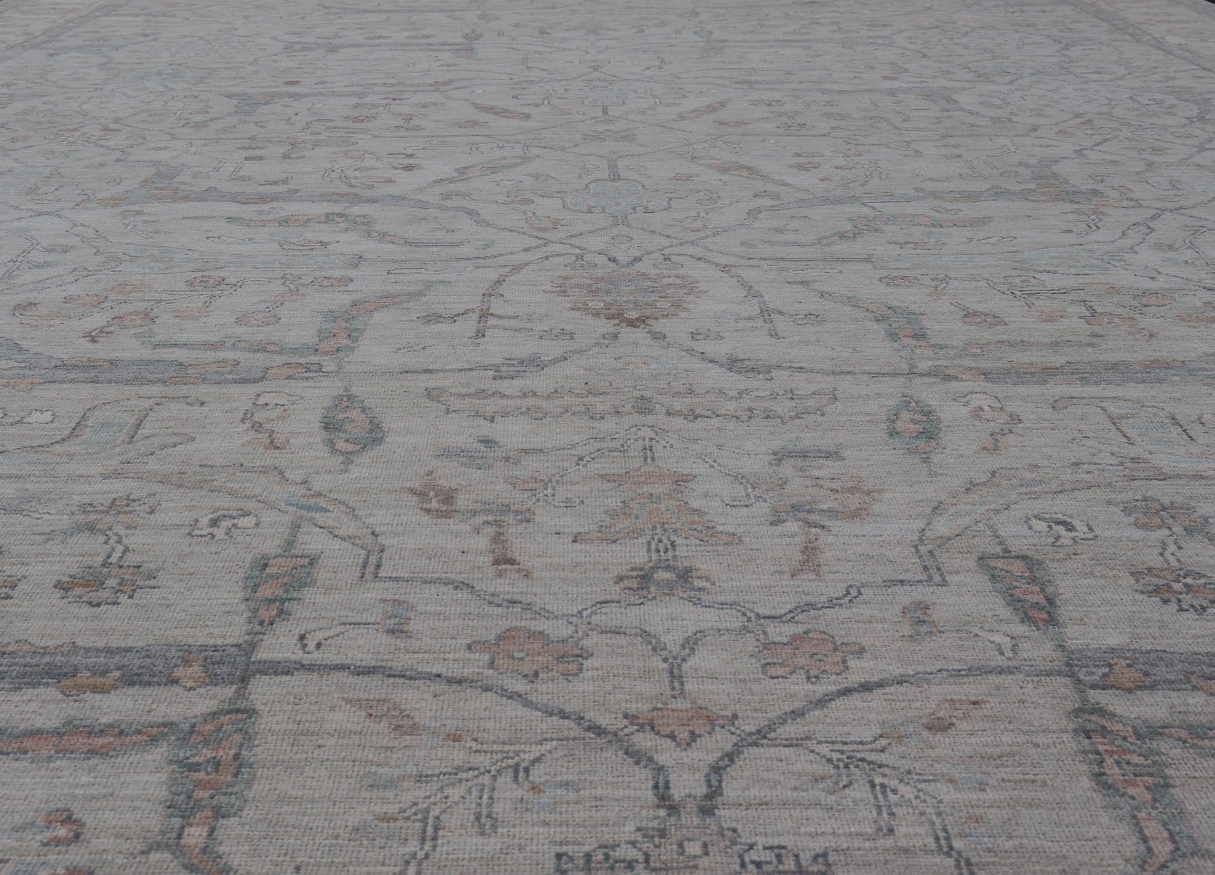 Measures: 13'4 x 20'0 Large Modern Oushak Floral Motif on Light Grey Background and Muted Design. Keivan Woven Arts; rug AWR - 15243 Country of Origin: Afghanistan Type: Oushak Design. The border and field are covered in floral - like motifs filled ... - Keivan Woven ArtsAWR - 15243 - 23438Rug