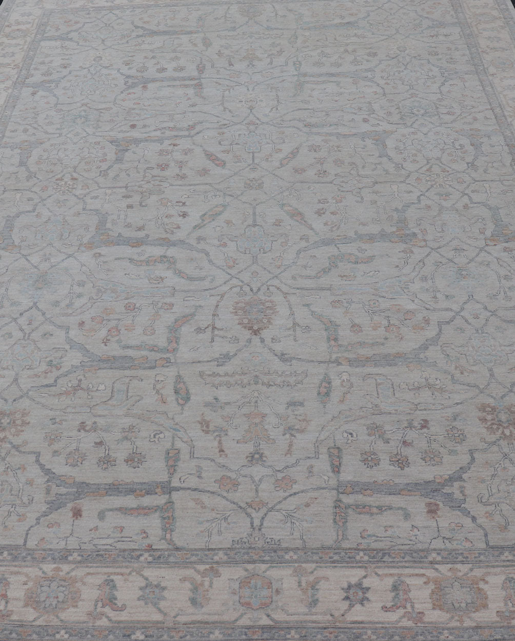 Measures: 13'4 x 20'0 Large Modern Oushak Floral Motif on Light Grey Background and Muted Design. Keivan Woven Arts; rug AWR - 15243 Country of Origin: Afghanistan Type: Oushak Design. The border and field are covered in floral - like motifs filled ... - Keivan Woven ArtsAWR - 15243 - 23438Rug