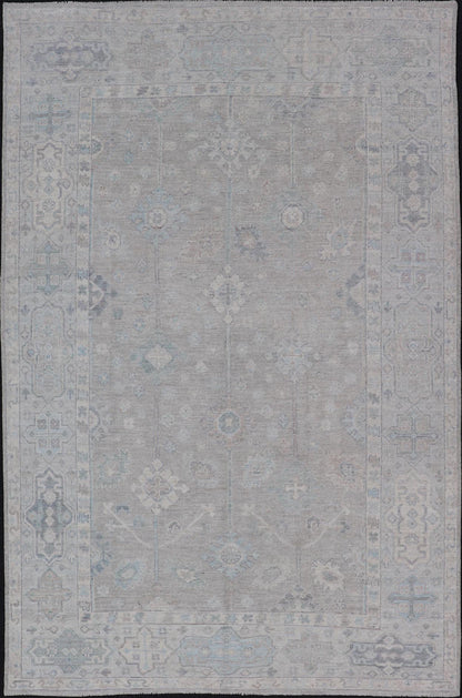Modern Oushak with Floral Motifs with Cream, Grey, Blue, and Powder Blue. Keivan Woven Arts; rug AWR - 16034 Country of Origin: Afghanistan Type: Oushak Design: Floral, All - Over Abstract - Tribal 21st century. Measures: 6'2 x 10'0 This modern Ousha... - Keivan Woven ArtsAWR - 16034 - 24241Rug