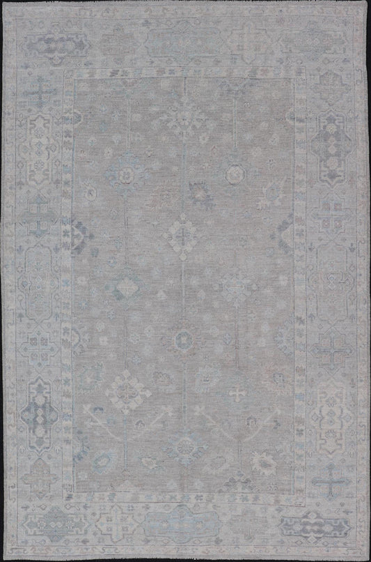 Modern Oushak with Floral Motifs with Cream, Grey, Blue, and Powder Blue. Keivan Woven Arts; rug AWR - 16034 Country of Origin: Afghanistan Type: Oushak Design: Floral, All - Over Abstract - Tribal 21st century. Measures: 6'2 x 10'0 This modern Ousha... - Keivan Woven ArtsAWR - 16034 - 24241Rug