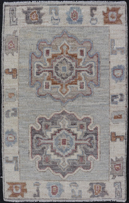 Modern Oushak Medallion Motif's on Light Grey Background and Earthy Tones. Keivan Woven Arts; rug AWR - 10644 Country of Origin: Afghanistan Type: Oushak Design. Measures: 2'0 x 3'2 The border and field are covered in floral - like motifs filled wit... - Keivan Woven ArtsAWR - 16044 - 24229Rug