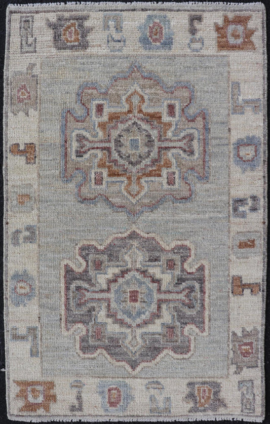 Modern Oushak Medallion Motif's on Light Grey Background and Earthy Tones. Keivan Woven Arts; rug AWR - 10644 Country of Origin: Afghanistan Type: Oushak Design. Measures: 2'0 x 3'2 The border and field are covered in floral - like motifs filled wit... - Keivan Woven ArtsAWR - 16044 - 24229Rug