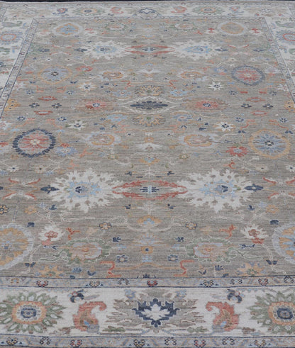 Measures: 9'0 x 12'4 Modern All - Over Floral Oushak by Keivan Woven Arts. Country of Origin: Afghanistan Type: Oushak Design: All - Over, Floral, 21st Century. Keivan Woven Arts: rug AWR - 164 Modern Oushak featuring an all - over floral design, re... - Keivan Woven ArtsAWR - 164 - 27430Rug