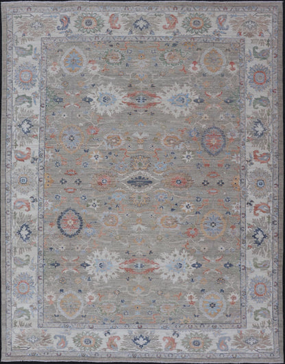 Measures: 9'0 x 12'4 Modern All - Over Floral Oushak by Keivan Woven Arts. Country of Origin: Afghanistan Type: Oushak Design: All - Over, Floral, 21st Century. Keivan Woven Arts: rug AWR - 164 Modern Oushak featuring an all - over floral design, re... - Keivan Woven ArtsAWR - 164 - 27430Rug