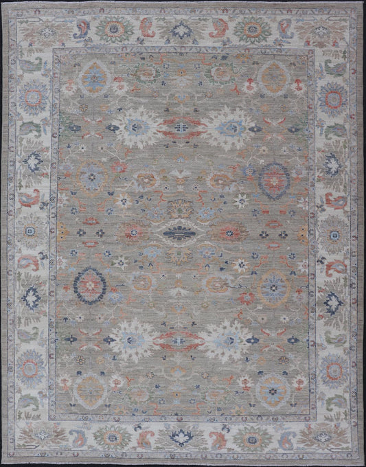 Measures: 9'0 x 12'4 Modern All - Over Floral Oushak by Keivan Woven Arts. Country of Origin: Afghanistan Type: Oushak Design: All - Over, Floral, 21st Century. Keivan Woven Arts: rug AWR - 164 Modern Oushak featuring an all - over floral design, re... - Keivan Woven ArtsAWR - 164 - 27430Rug
