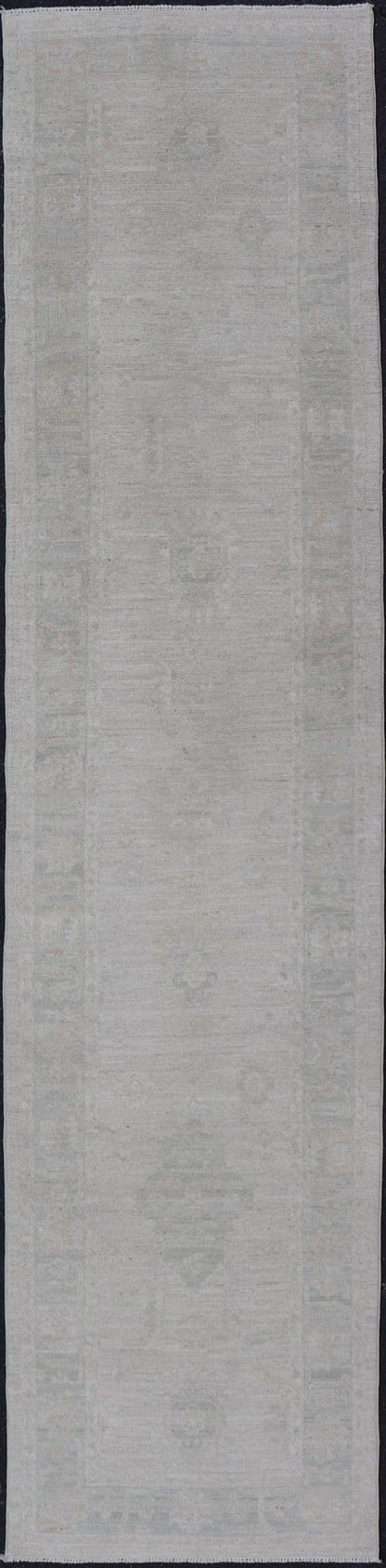 Hand - Knotted Oushak Runner with Medallion Design On A Cream Field With Blues. Keivan Woven Arts; rug AWR - 16727 Country of Origin: Afghanistan Type: Oushak Design: Medallion, Motif, Floral Motif. Measures: 2'8 x 11'10 This modern Oushak which ar... - Keivan Woven ArtsAWR - 16727 - 24294Rug
