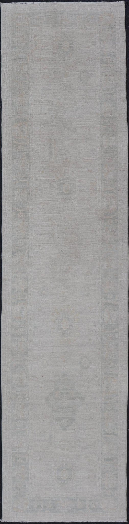 Hand - Knotted Oushak Runner with Medallion Design On A Cream Field With Blues. Keivan Woven Arts; rug AWR - 16727 Country of Origin: Afghanistan Type: Oushak Design: Medallion, Motif, Floral Motif. Measures: 2'8 x 11'10 This modern Oushak which ar... - Keivan Woven ArtsAWR - 16727 - 24294Rug