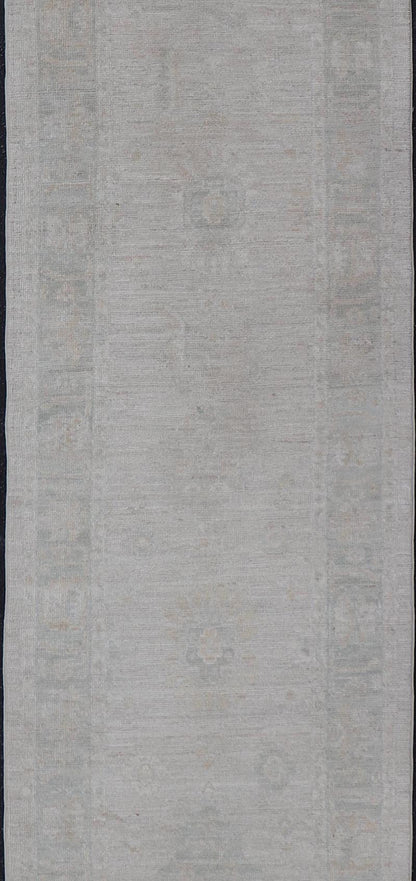 Hand - Knotted Oushak Runner with Medallion Design On A Cream Field With Blues. Keivan Woven Arts; rug AWR - 16727 Country of Origin: Afghanistan Type: Oushak Design: Medallion, Motif, Floral Motif. Measures: 2'8 x 11'10 This modern Oushak which ar... - Keivan Woven ArtsAWR - 16727 - 24294Rug