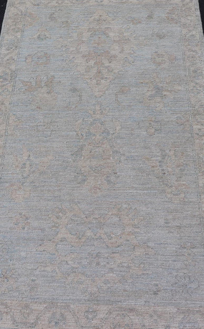 Modern Oushak Rug in All - Over Floral Motifs in Light Blue - Gray and Creams. Keivan Woven Arts; rug AWR - 16788 Country of Origin: Afghanistan Type: Oushak Design: All - Over, Floral. Measures: 2'11 x 5'3 Hand - Knotted in wool, this rustic looking flo... - Keivan Woven ArtsAWR - 16788 - 24456Rug