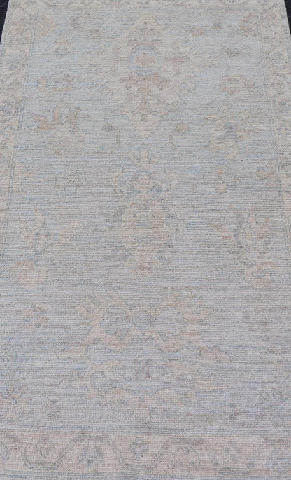Modern Oushak Rug in All - Over Floral Motifs in Light Blue - Gray and Creams. Keivan Woven Arts; rug AWR - 16788 Country of Origin: Afghanistan Type: Oushak Design: All - Over, Floral. Measures: 2'11 x 5'3 Hand - Knotted in wool, this rustic looking flo... - Keivan Woven ArtsAWR - 16788 - 24456Rug
