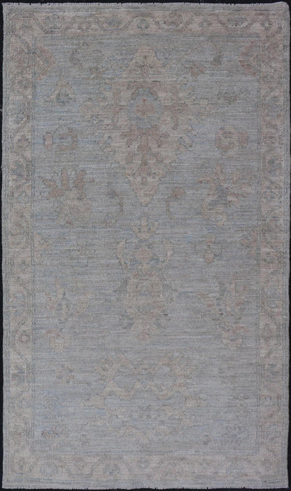 Modern Oushak Rug in All - Over Floral Motifs in Light Blue - Gray and Creams. Keivan Woven Arts; rug AWR - 16788 Country of Origin: Afghanistan Type: Oushak Design: All - Over, Floral. Measures: 2'11 x 5'3 Hand - Knotted in wool, this rustic looking flo... - Keivan Woven ArtsAWR - 16788 - 24456Rug