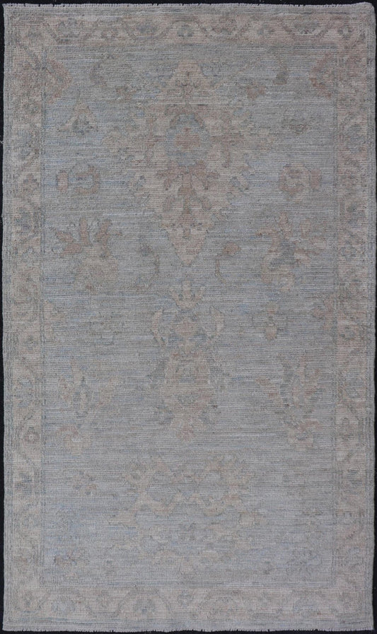 Modern Oushak Rug in All - Over Floral Motifs in Light Blue - Gray and Creams. Keivan Woven Arts; rug AWR - 16788 Country of Origin: Afghanistan Type: Oushak Design: All - Over, Floral. Measures: 2'11 x 5'3 Hand - Knotted in wool, this rustic looking flo... - Keivan Woven ArtsAWR - 16788 - 24456Rug