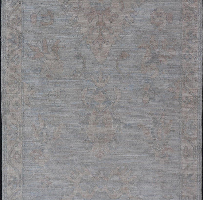 Modern Oushak Rug in All - Over Floral Motifs in Light Blue - Gray and Creams. Keivan Woven Arts; rug AWR - 16788 Country of Origin: Afghanistan Type: Oushak Design: All - Over, Floral. Measures: 2'11 x 5'3 Hand - Knotted in wool, this rustic looking flo... - Keivan Woven ArtsAWR - 16788 - 24456Rug