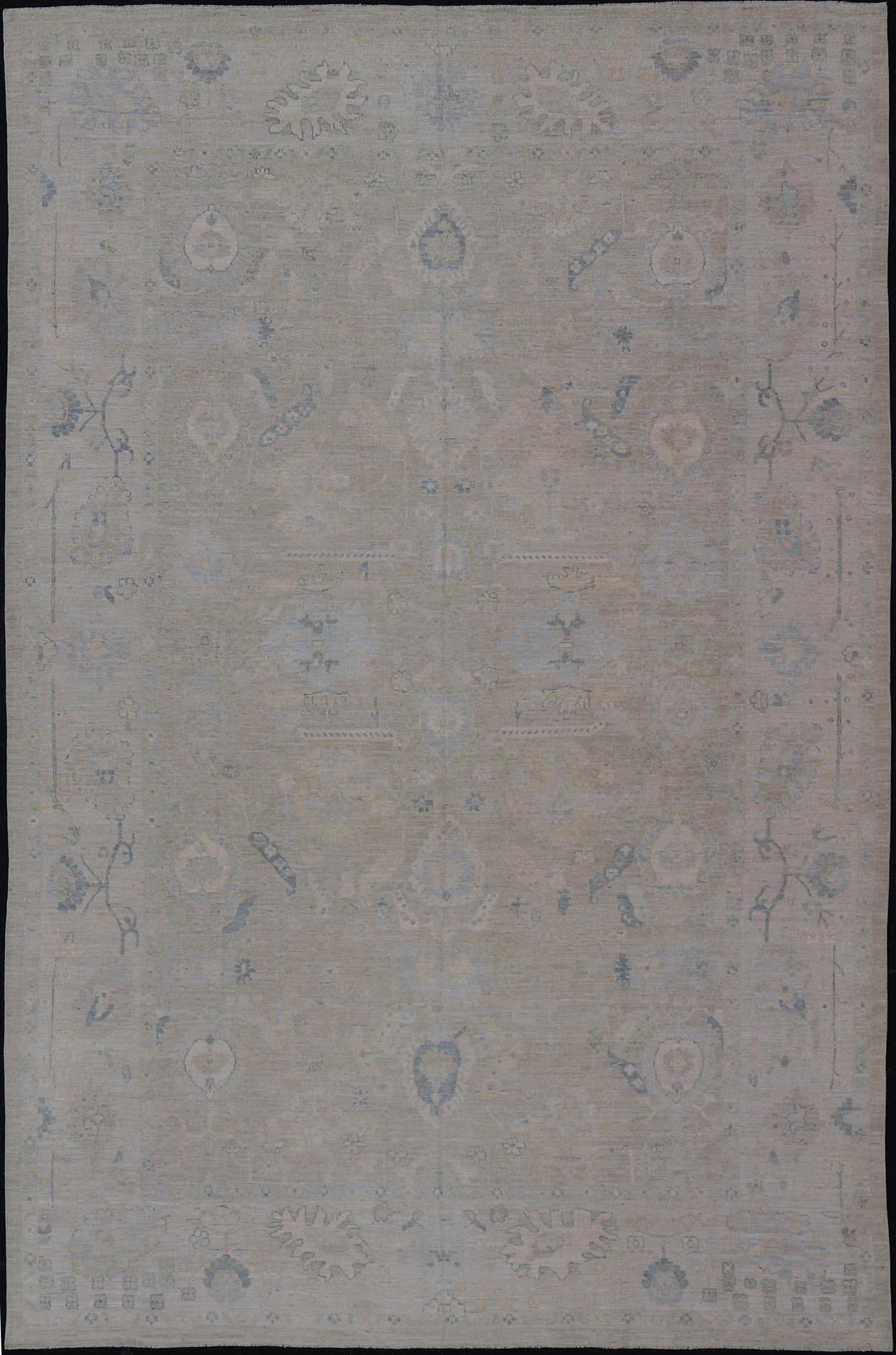 Large Modern Oushak Design in Light Blue, Green, with Light Cream Background. Keivan Woven Arts; rug AWR - 12521 Country of Origin: Afghanistan Type: Oushak Design: All - Over, Floral. Measures: 11'9 x 17'10 This rustic piece holds charm within a po... - Keivan Woven ArtsAWR - 16859 - 24976Rugs