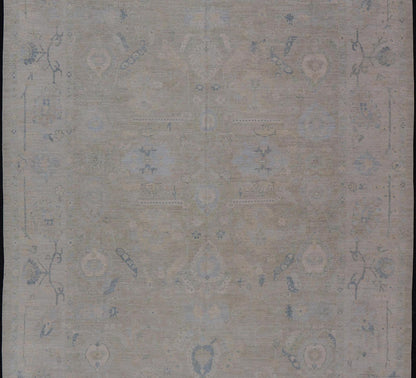 Large Modern Oushak Design in Light Blue, Green, with Light Cream Background. Keivan Woven Arts; rug AWR - 12521 Country of Origin: Afghanistan Type: Oushak Design: All - Over, Floral. Measures: 11'9 x 17'10 This rustic piece holds charm within a po... - Keivan Woven ArtsAWR - 16859 - 24976Rug