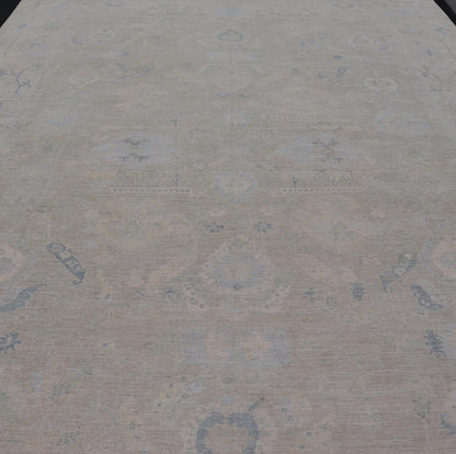 Large Modern Oushak Design in Light Blue, Green, with Light Cream Background. Keivan Woven Arts; rug AWR - 12521 Country of Origin: Afghanistan Type: Oushak Design: All - Over, Floral. Measures: 11'9 x 17'10 This rustic piece holds charm within a po... - Keivan Woven ArtsAWR - 16859 - 24976Rug