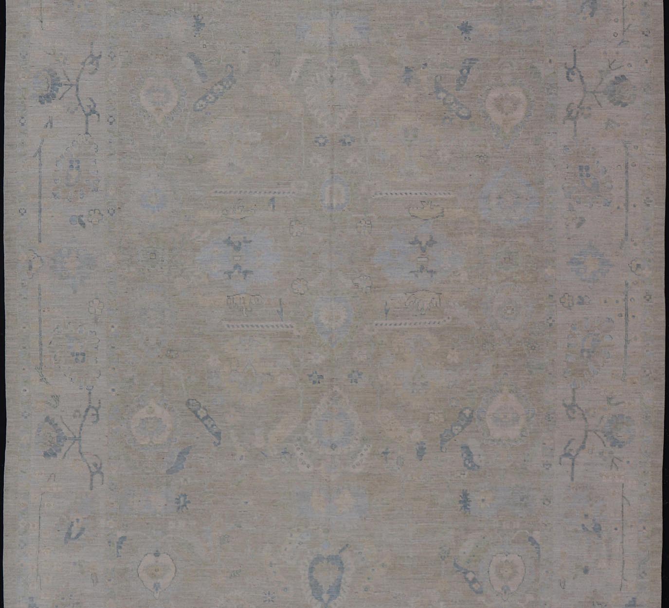 Large Modern Oushak Design in Light Blue, Green, with Light Cream Background. Keivan Woven Arts; rug AWR - 12521 Country of Origin: Afghanistan Type: Oushak Design: All - Over, Floral. Measures: 11'9 x 17'10 This rustic piece holds charm within a po... - Keivan Woven ArtsAWR - 16859 - 24976Rugs